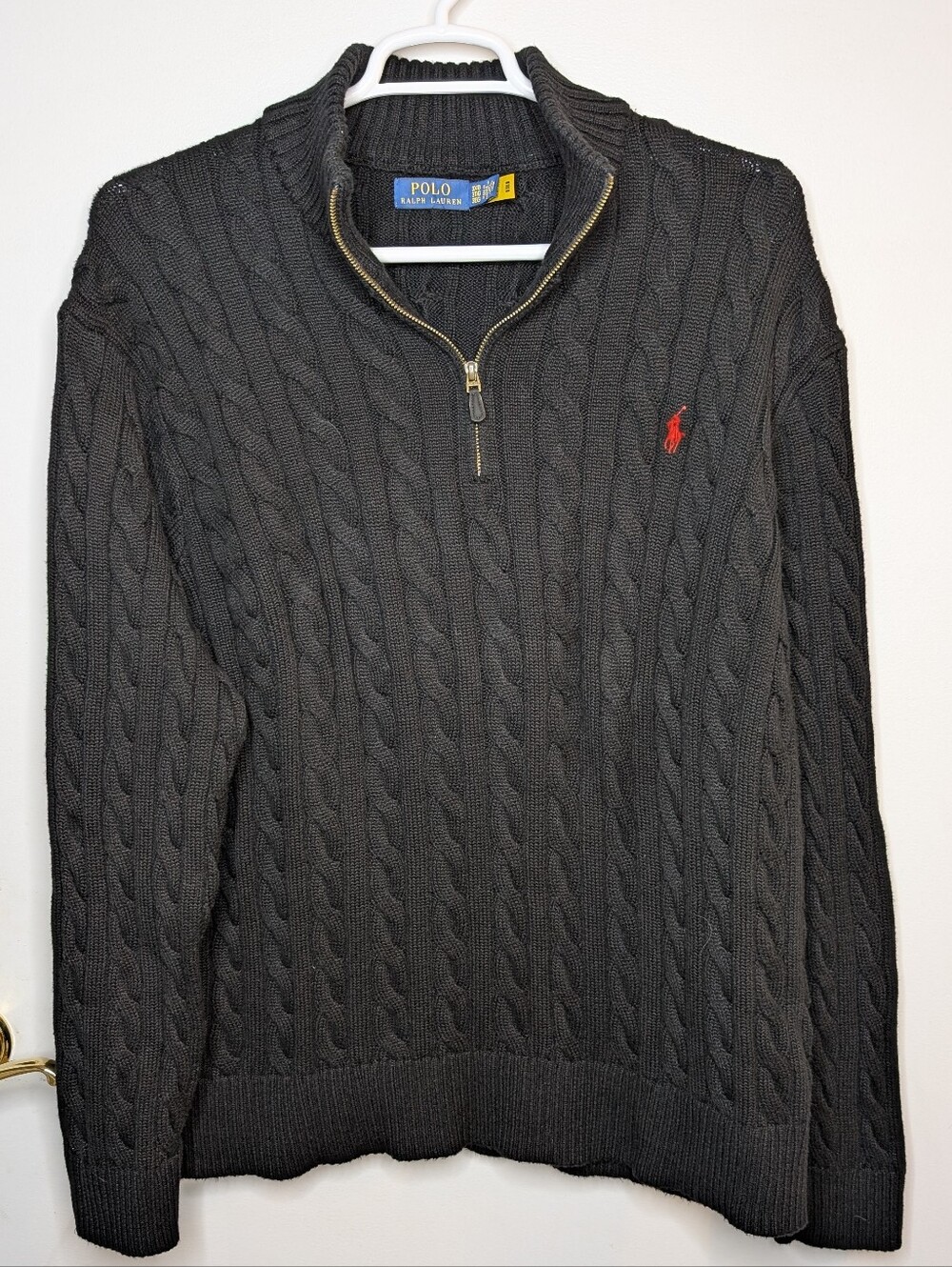 Ralph Lauren Black Cable-Knit Half-Zip Sweater with Red Pony